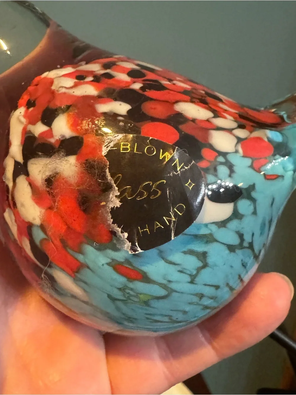 Handblown Multicolor Glass Bird Figurine with black metal legs, 7” tall